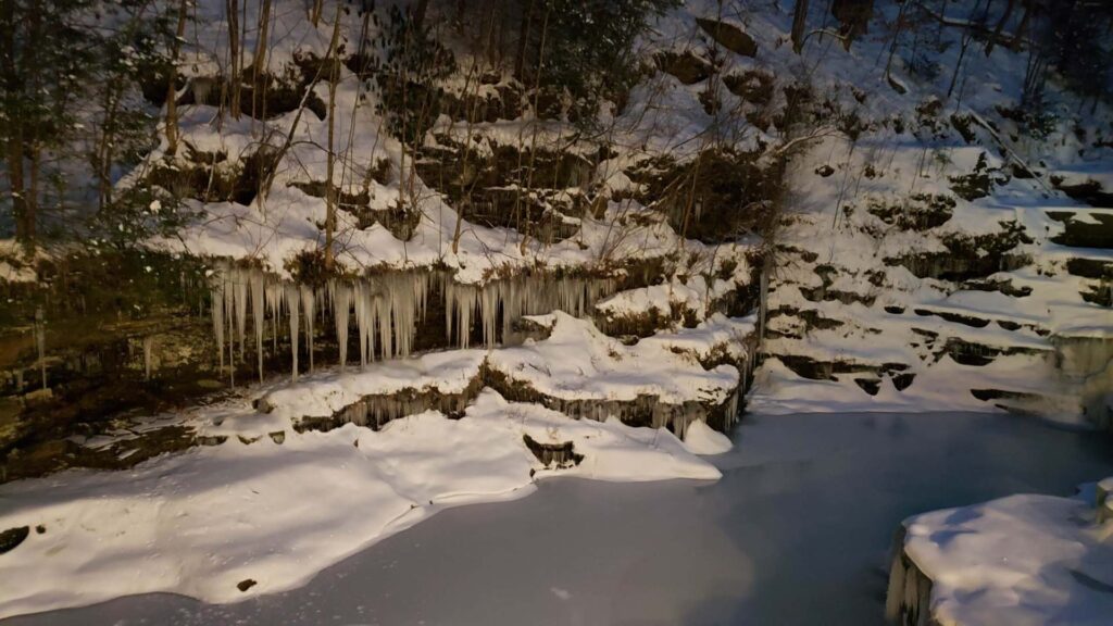 Ledges Hotel Frozen Waterfall at Night