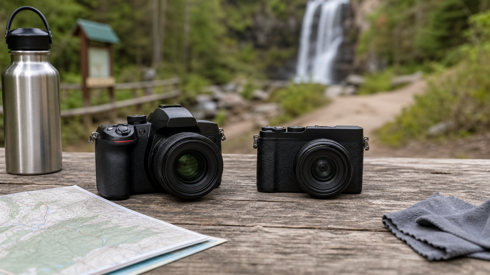 Two unbranded cameras on a trailhead table for an adventure photography gear comparison.