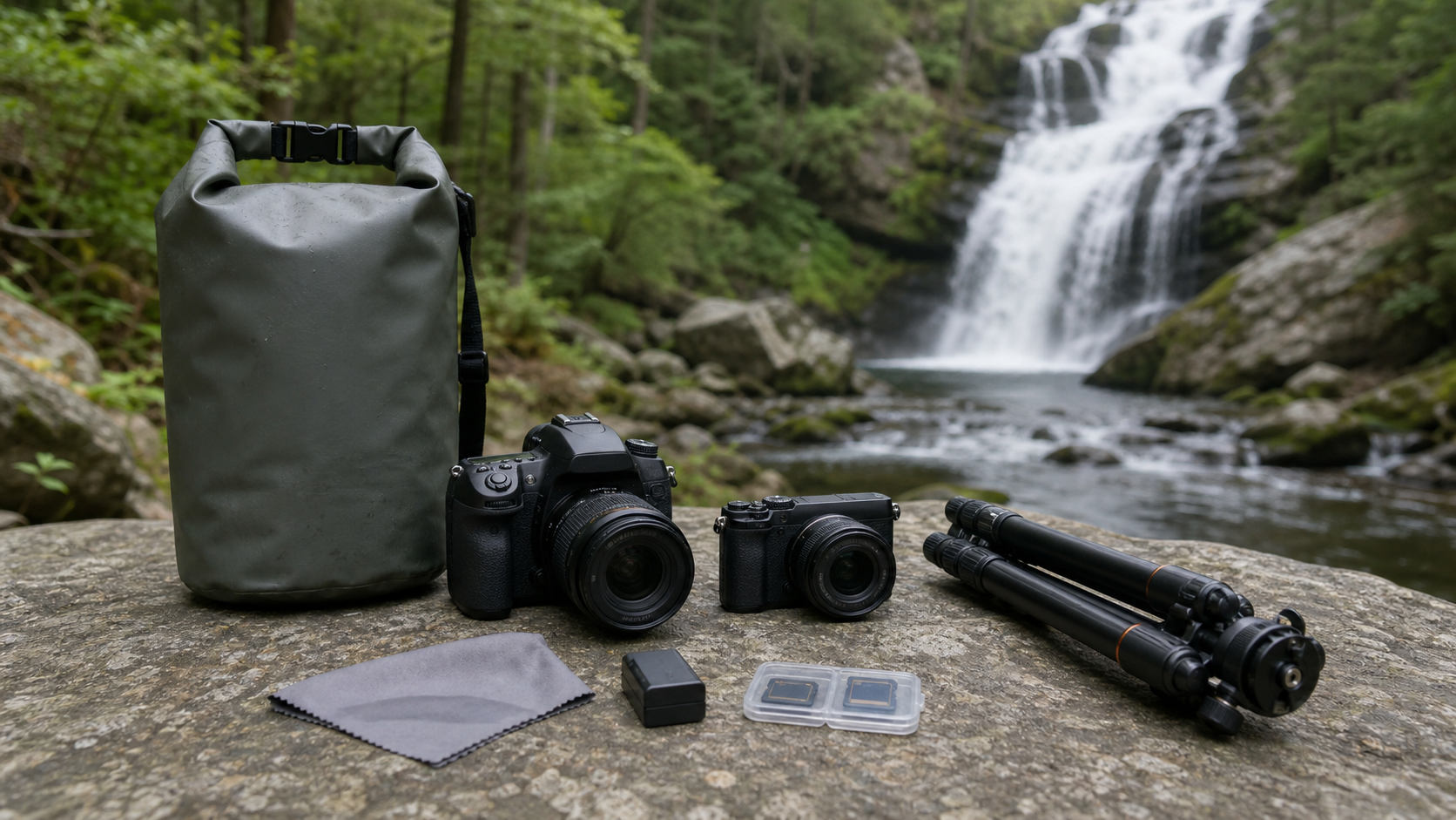Camera bodies, tripod, dry bag, lens cloth, batteries, and memory cards prepared for waterfall photography.