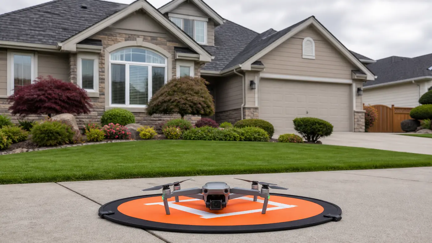 Drone prepared outside a suburban home for property photography planning