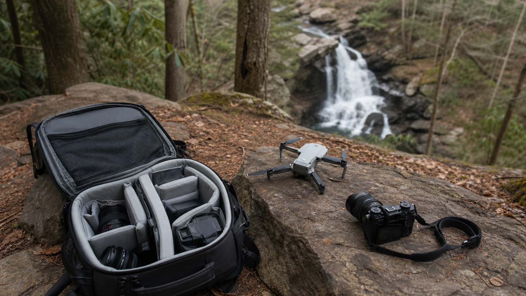 Camera, drone, and planning gear arranged for technical and creative workflow systems.