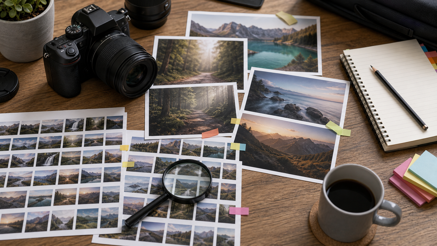 Printed photos, contact sheet, and notebook arranged for photography review and curation.