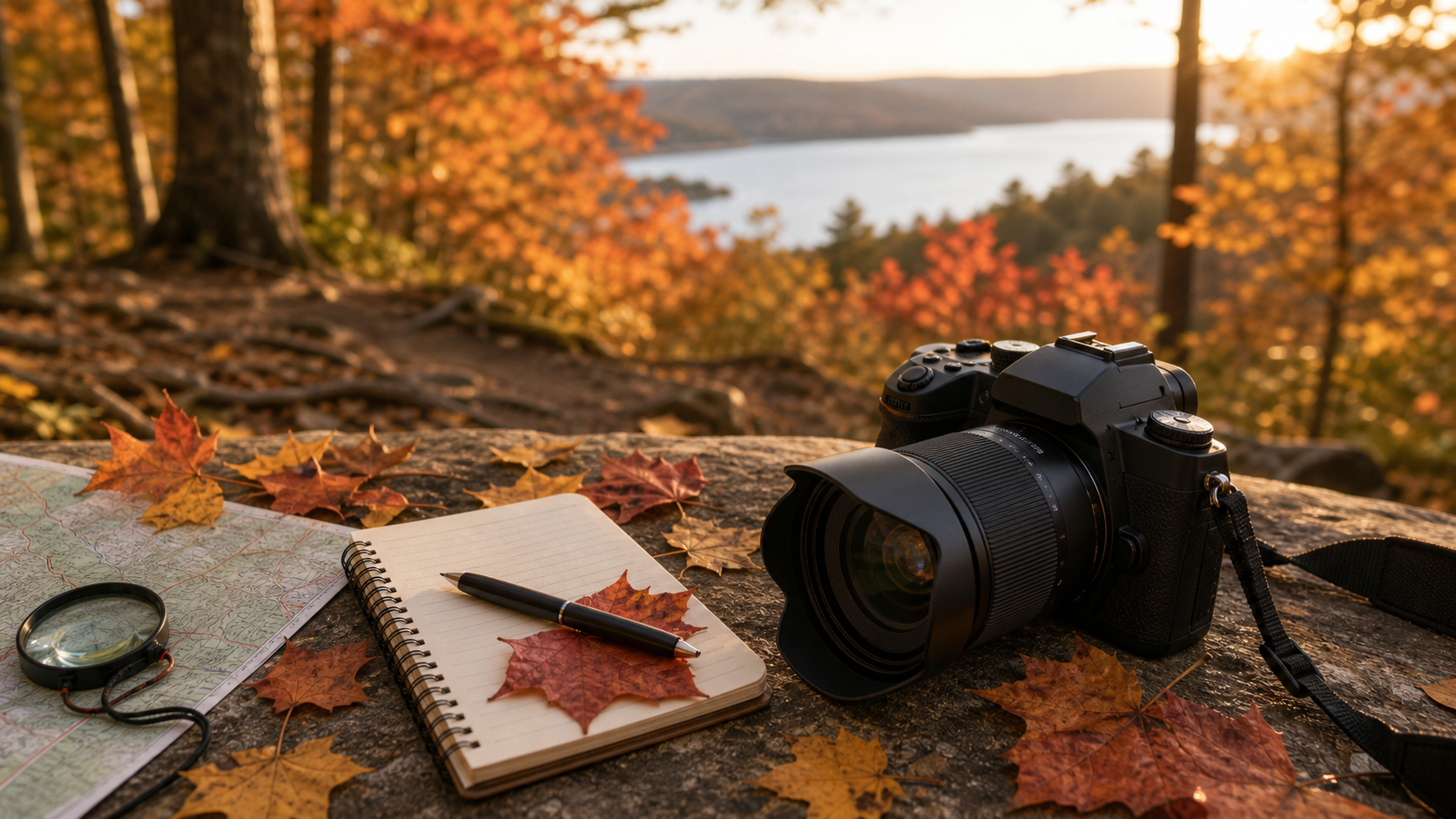 Outdoor camera setup with seasonal light, leaves, and planning notes for a photography opportunity.
