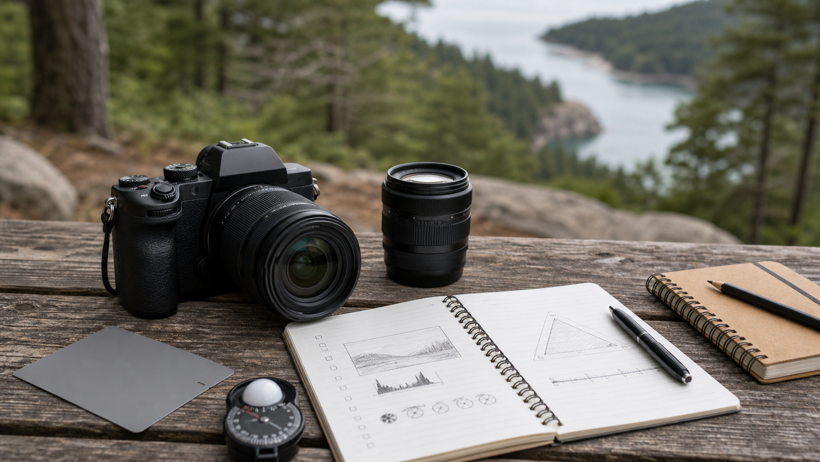 Camera settings, lens, and field notes arranged for a photography technique spotlight.