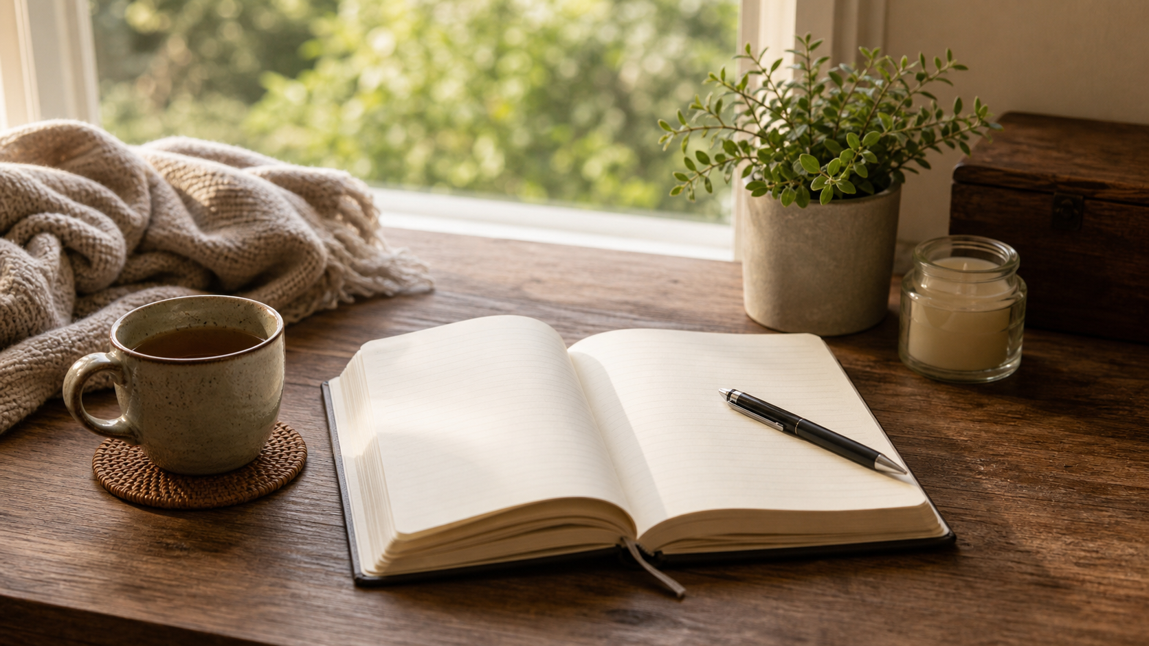 Calm journal, tea, and soft natural light for a non-clinical awareness check-in.