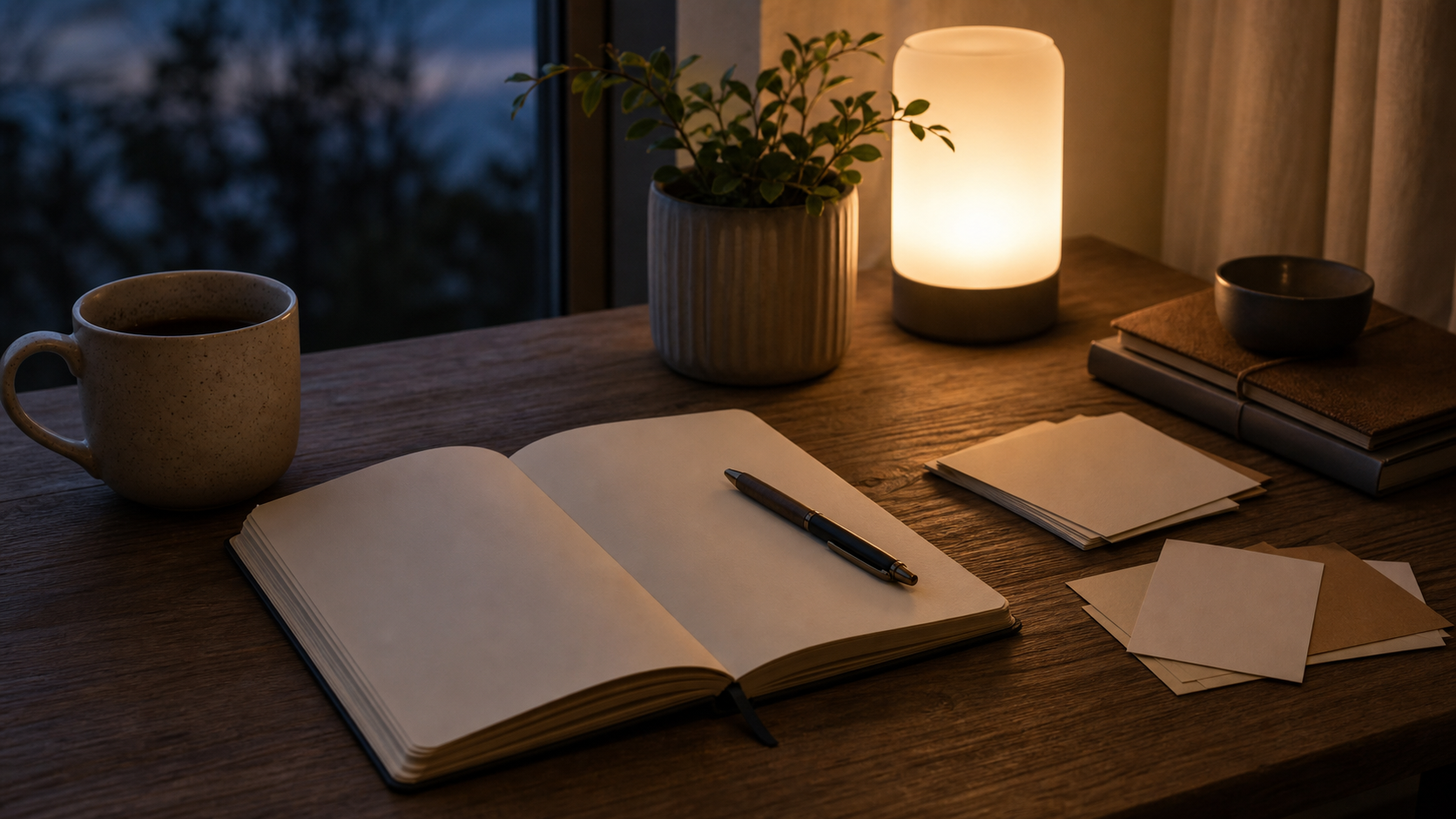 Open journal and pen in a calm workspace for a private reflection practice.
