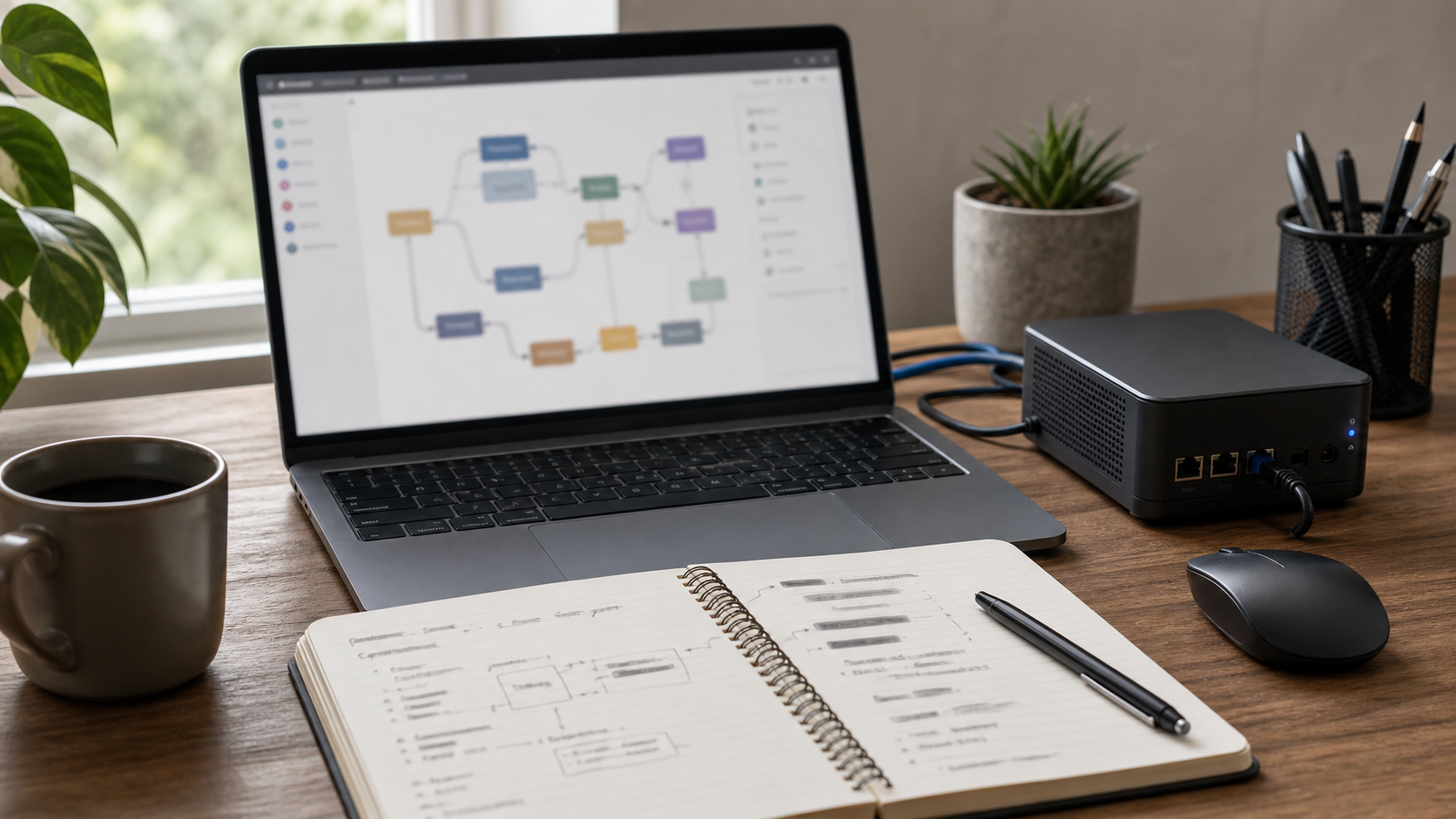 Automation planning workspace with bot workflow diagram, laptop, and redacted notes.