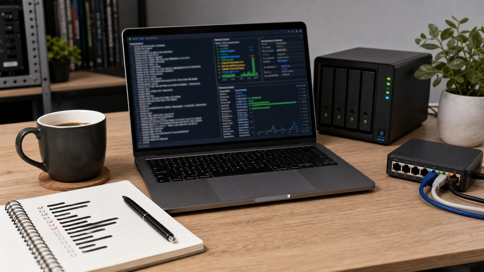 Terminal-style Linux system monitoring workspace with notebook and redacted checklist.