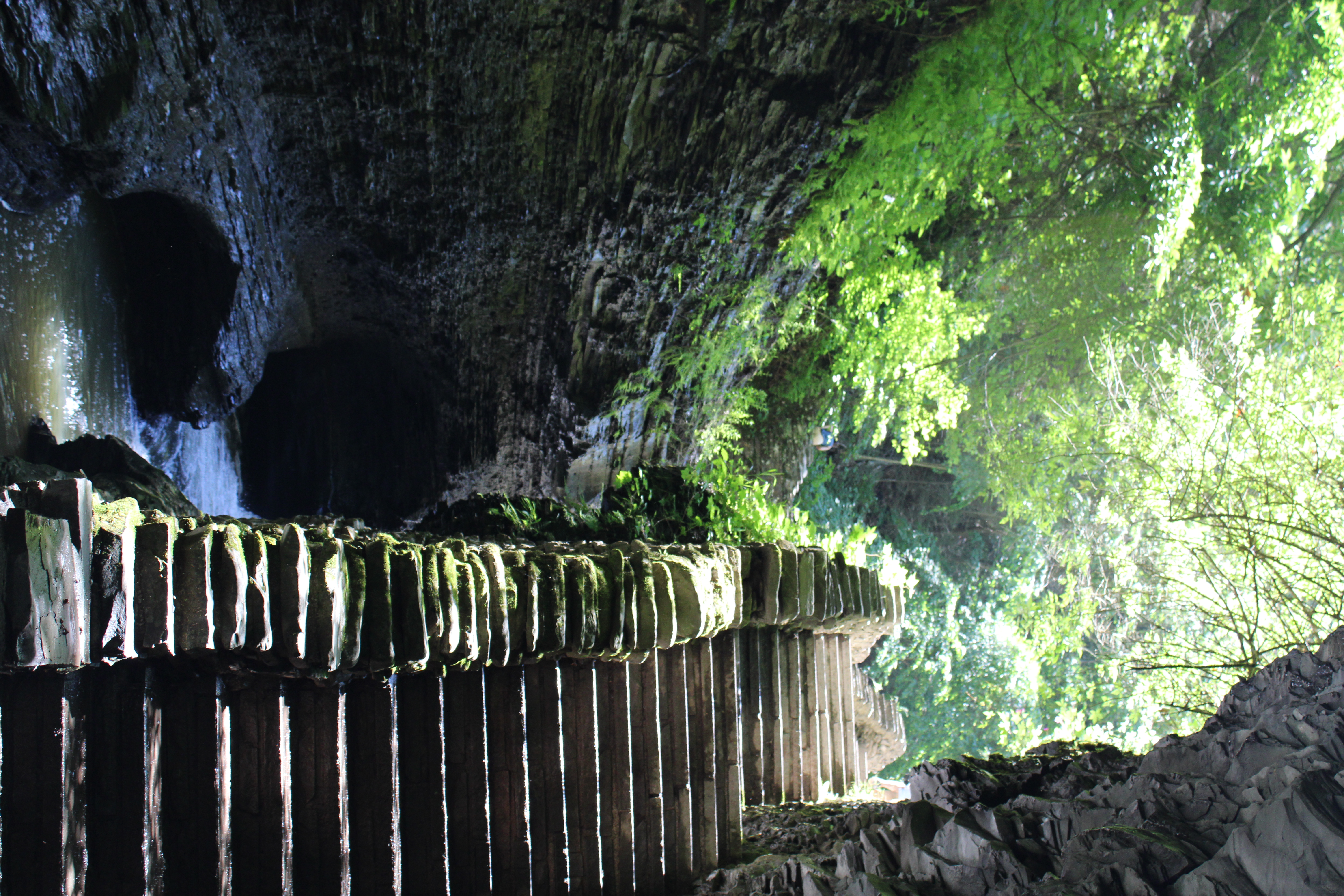 Stone stairs climbing through the shaded Watkins Glen gorge beside layered rock and green foliage