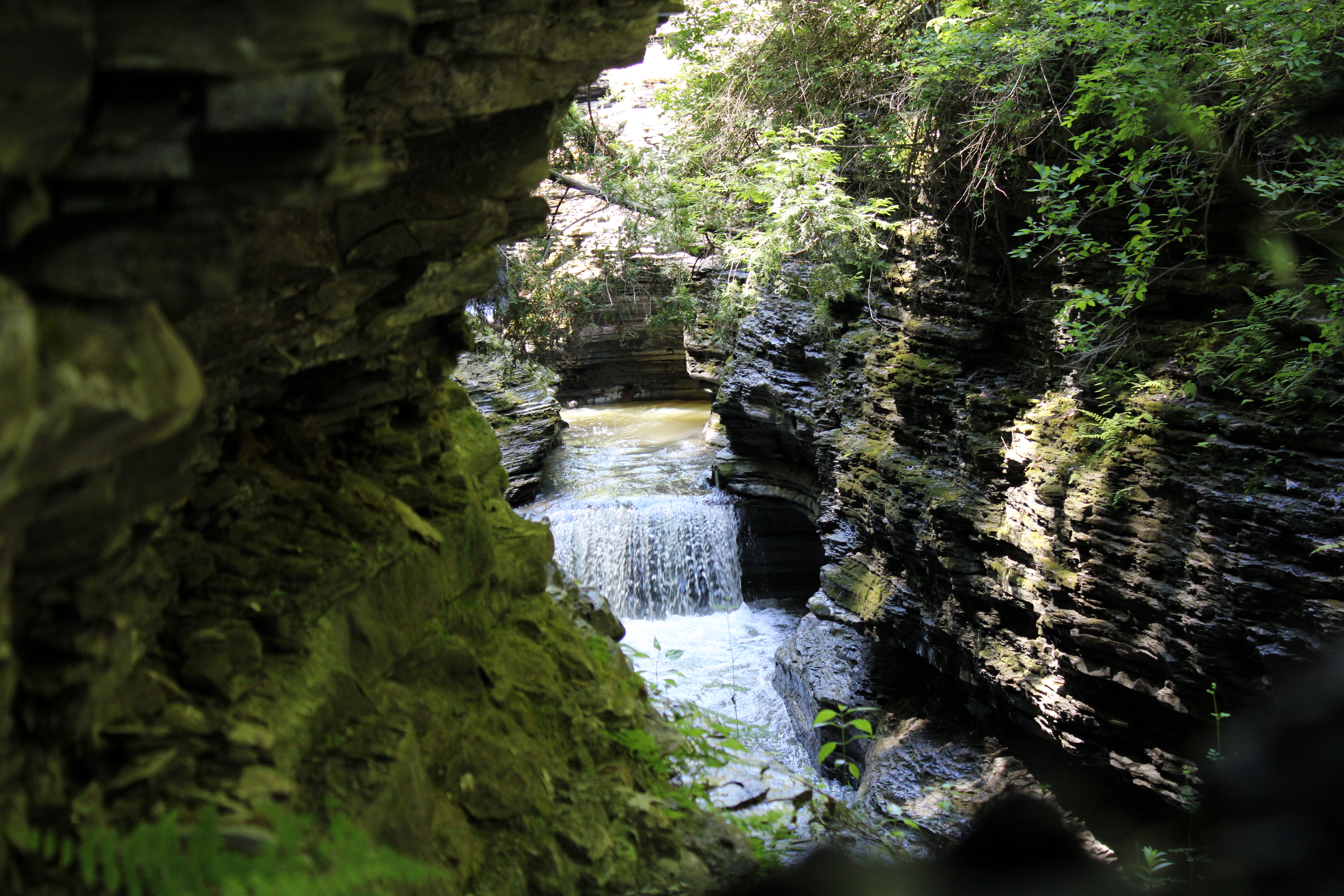 A small cascade framed by dark layered rock and green foliage at Watkins Glen